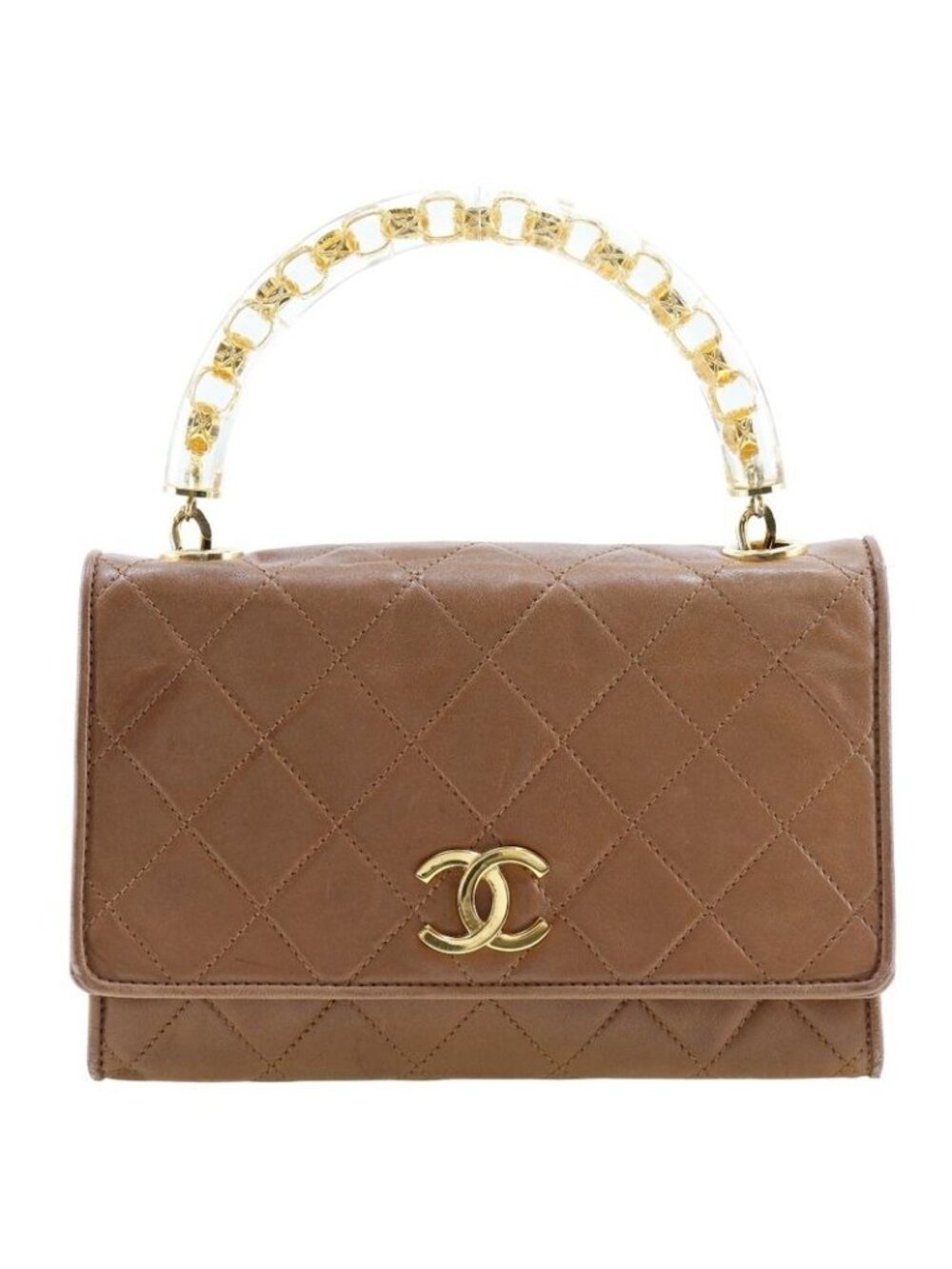 Chanel Quilted Plastic Handle Vintage Lambskin Beige Handbag